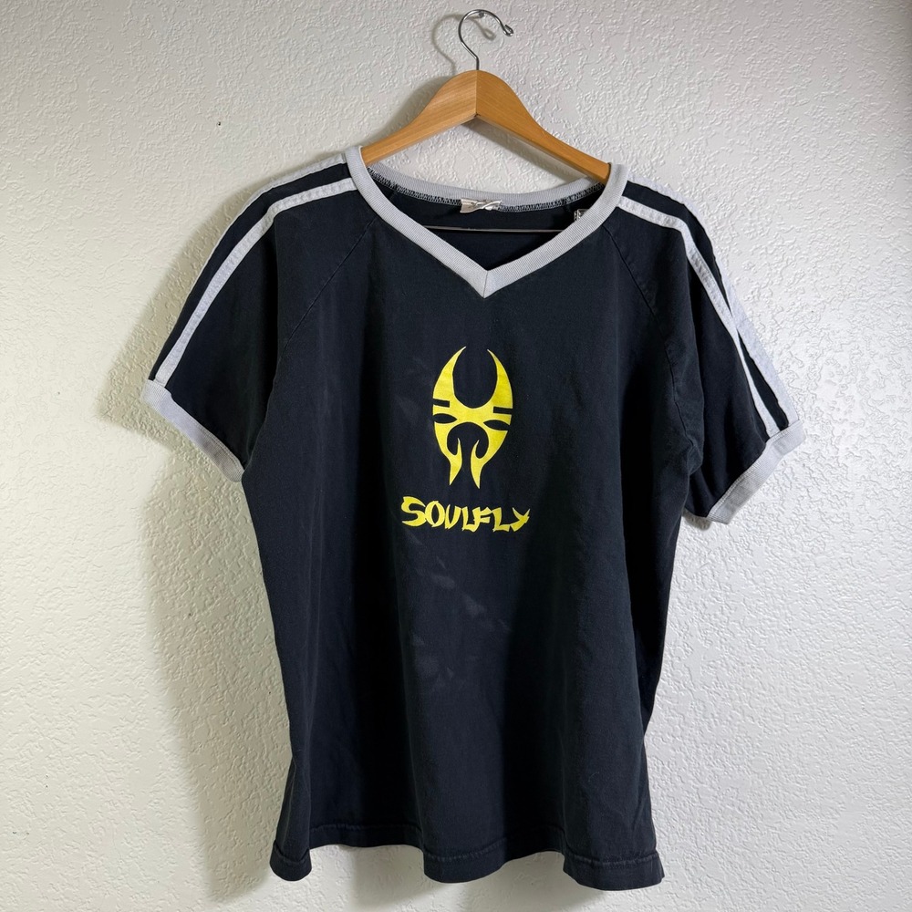 Vintage 1998 Soulfly Blue Grape Ringer Shirt XL Black Yellow Metal Band Tee USA